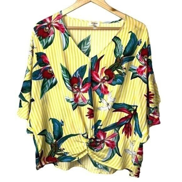 Umgee Yellow Flower Striped Knotted Waist Blouse With Ruffle Sleeves Size Small - Picture 1 of 8